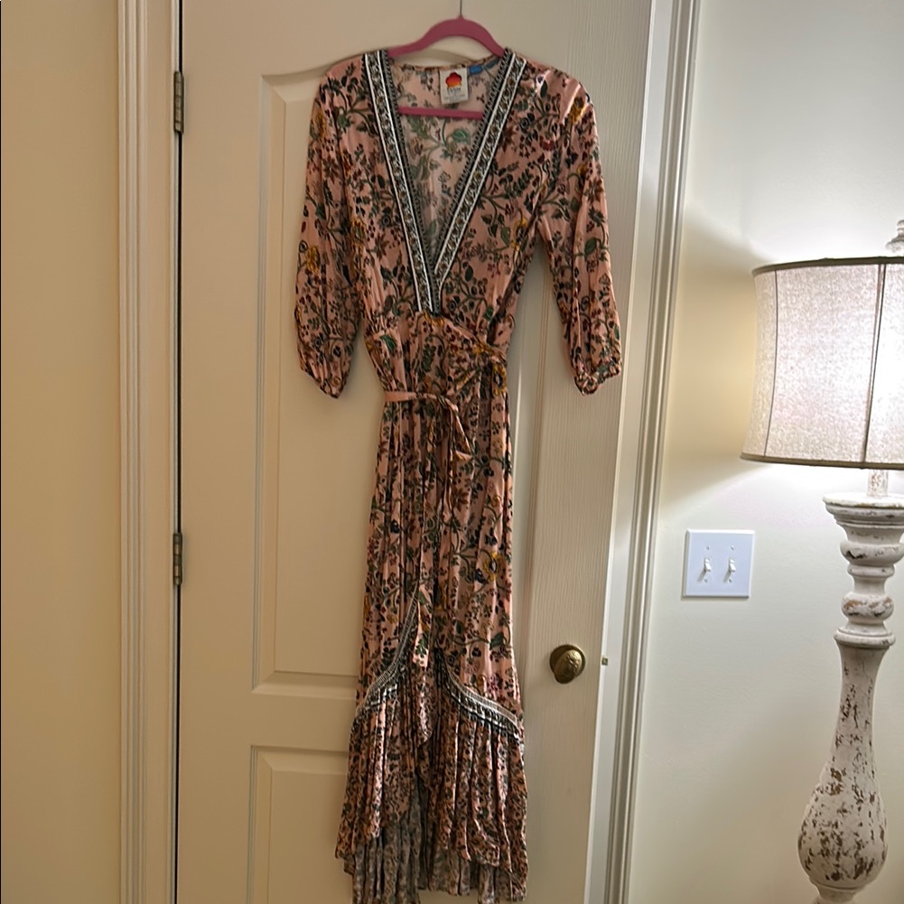 Red And Brown Tiered Maxi Dress With V-Neck And Bishop Sleeves